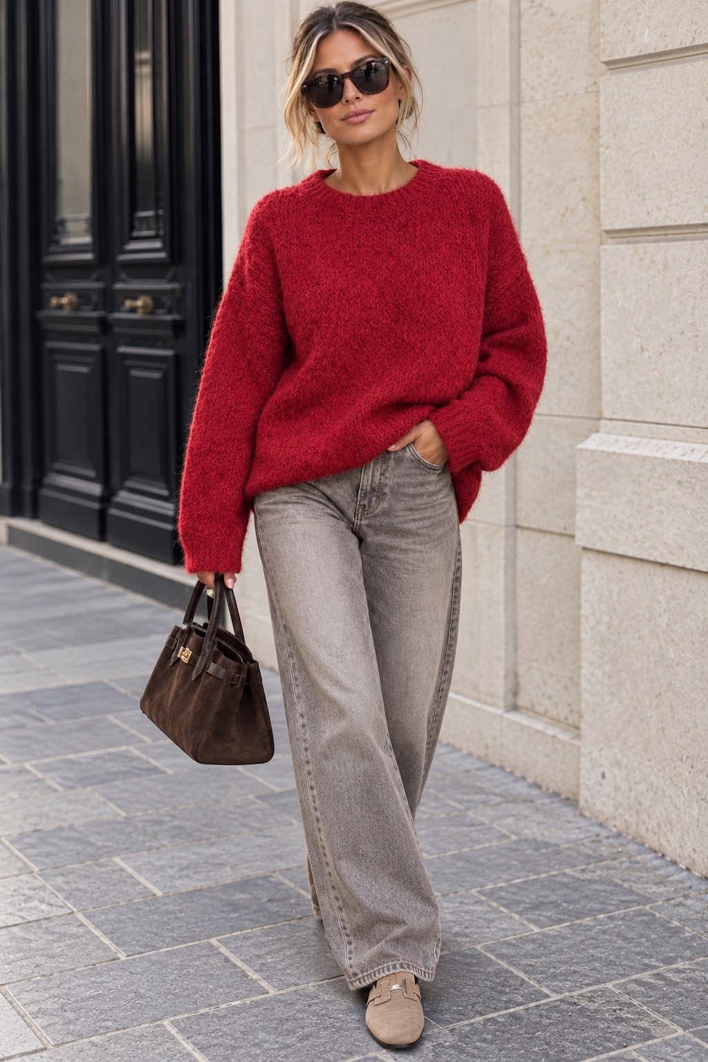 Pull femme en maille duveteuse – Coupe ample, manches ballon et col rond