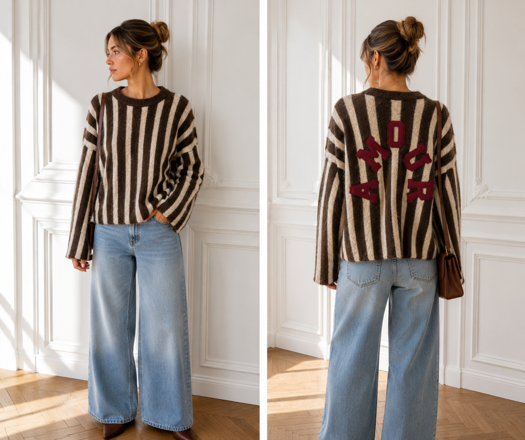 Pull maille rayé à message