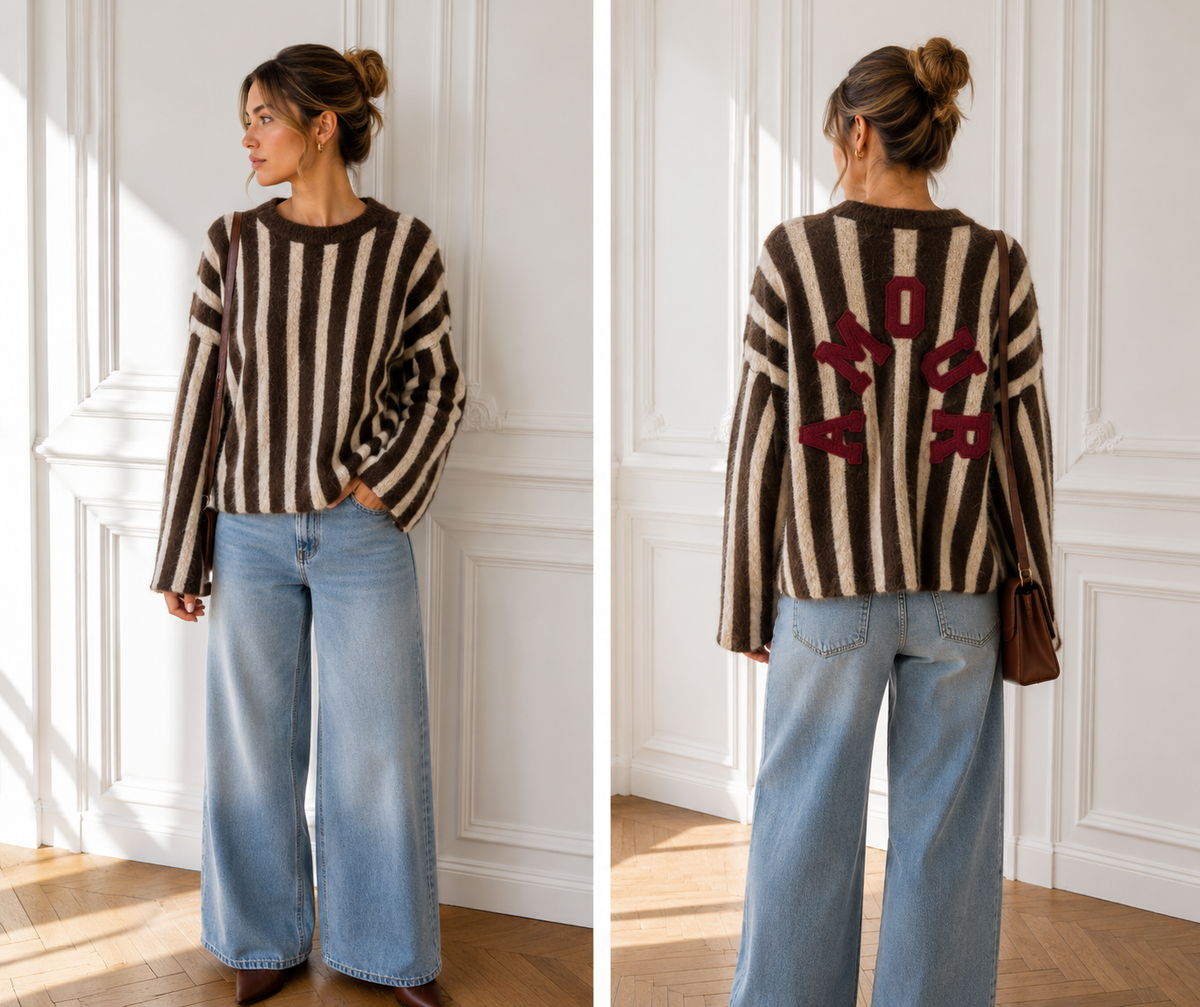 Pull maille rayé à message