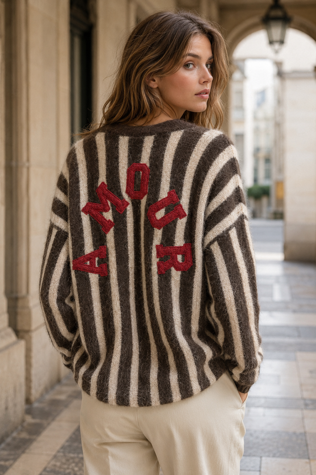 Pull maille rayé à message