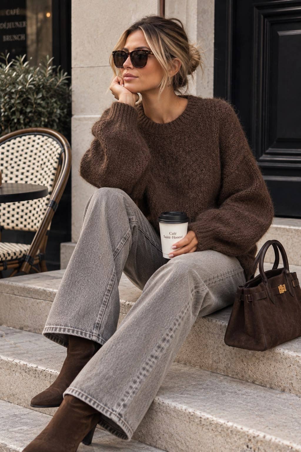 Pull femme en maille duveteuse – Coupe ample, manches ballon et col rond